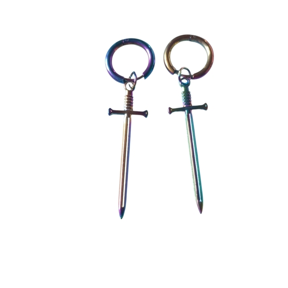 2 Pairs Of Stainless Steel Iridescent Swords + Crosses  Earrings New - Picture 2 of 5